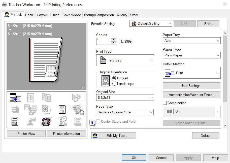 Authentication/Account Track settings for Konica Minolta printers