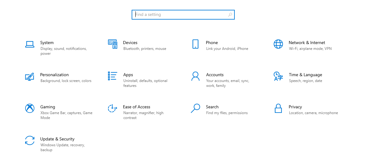 Settings menu in Windows 10